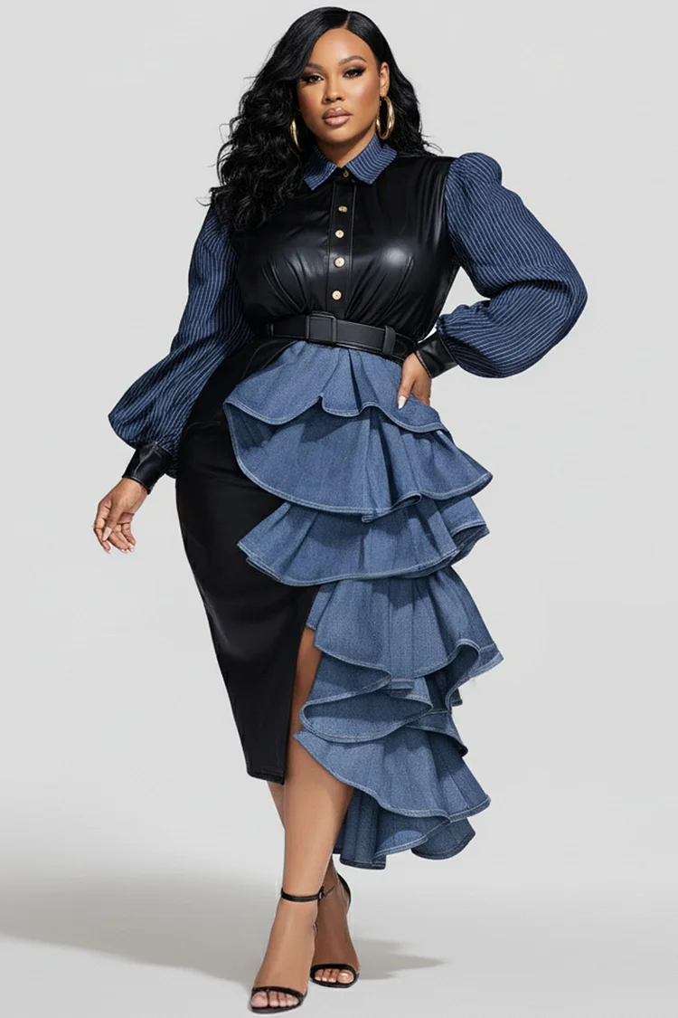 Xpluswear Design Plus Size Cocktail Party Black Striped Shirt Collar Long Sleeve Ruffle Elegant Contrast Tencel Denim PU Leather Midi Dresses 2024 - Xpluswear