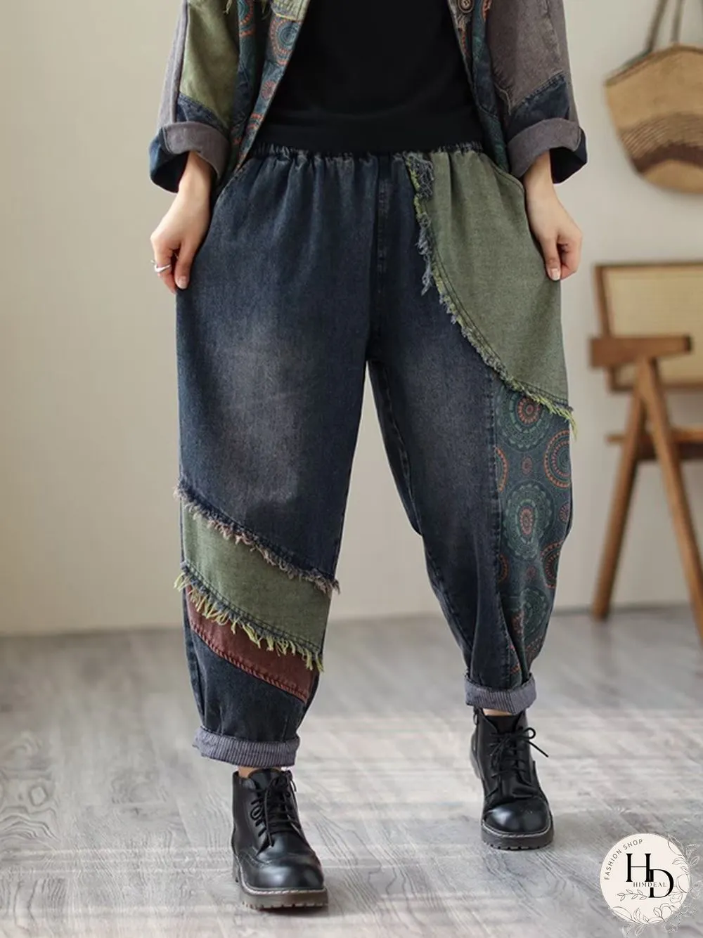 Contrast Color Fringed Split-Joint Long Sleeves Printed Outwear Harem Pants Two Pieces Set