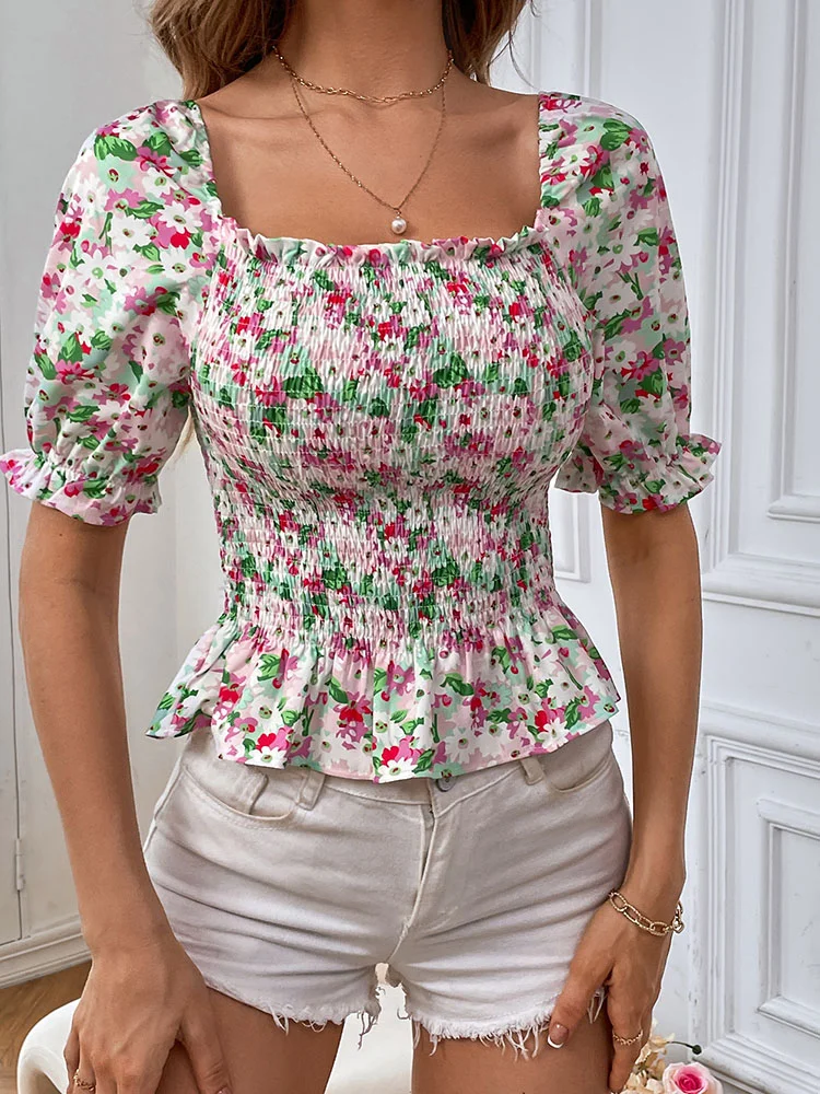 Women's Elegant Bodycon Blouses Top Summer Casual Print Square Neck Gathered Short Sleeve Floral Short Shirts Women Blouses