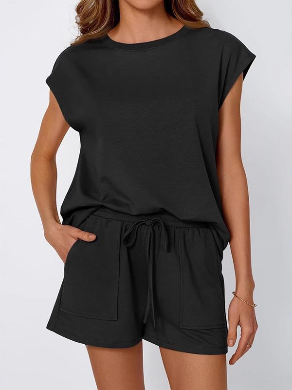 Loose Raglan Sleeve Solid Color Split-Joint Round-Neck T-Shirt + Drawstring Elasticity Shorts Two Pieces Set BLACK-XL
