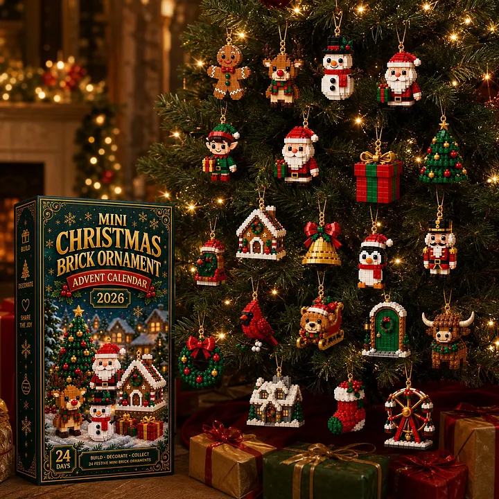 A growing collection of Christmas brick ornaments displayed on a tree