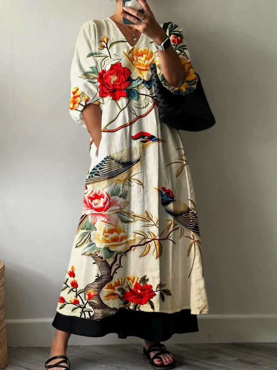 Floral Art Print Pocket V-neck Cotton Dress