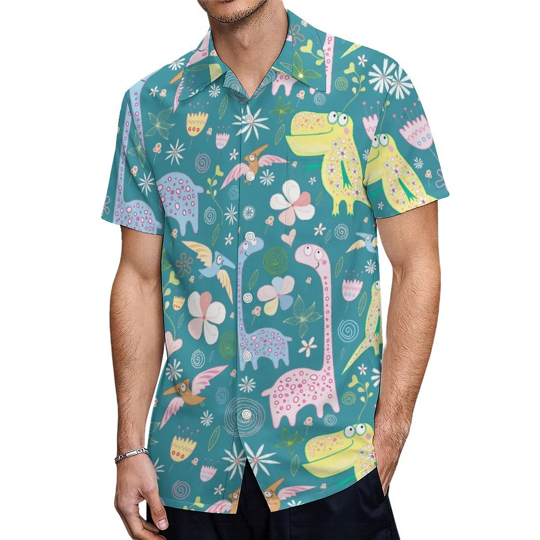 Cartoon Christmas Dinosaurs Leaves Animal Dino Hawaiian Shirt Mens Button Down Plus Size Tropical Hawaii Beach Shirts