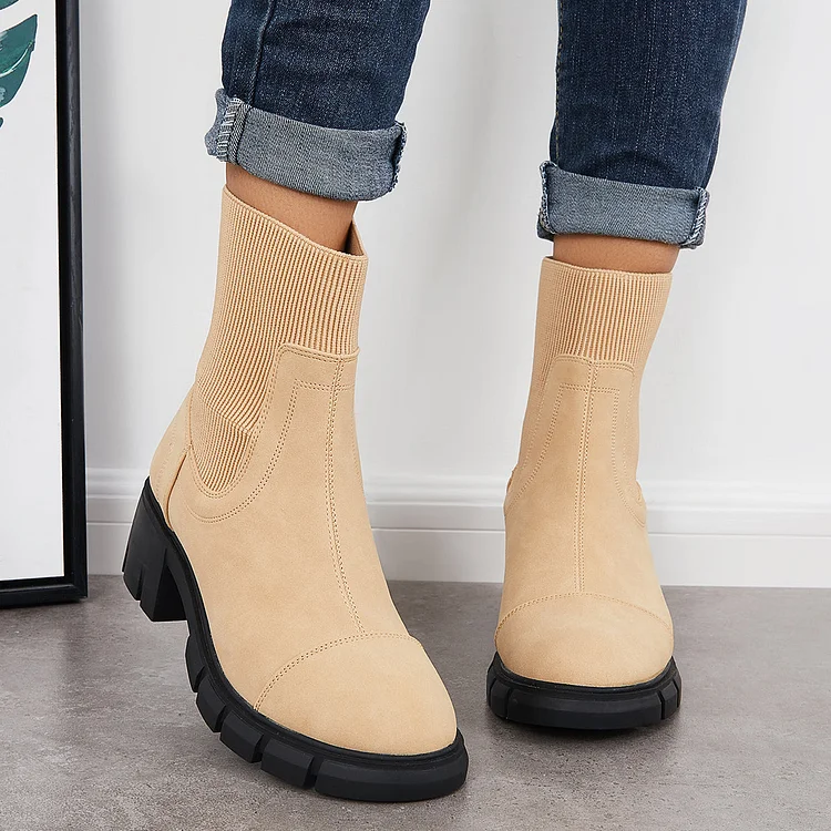 Platform Lug Sole Chelsea Ankle Boots Slip On Chunky Block Heel Booties