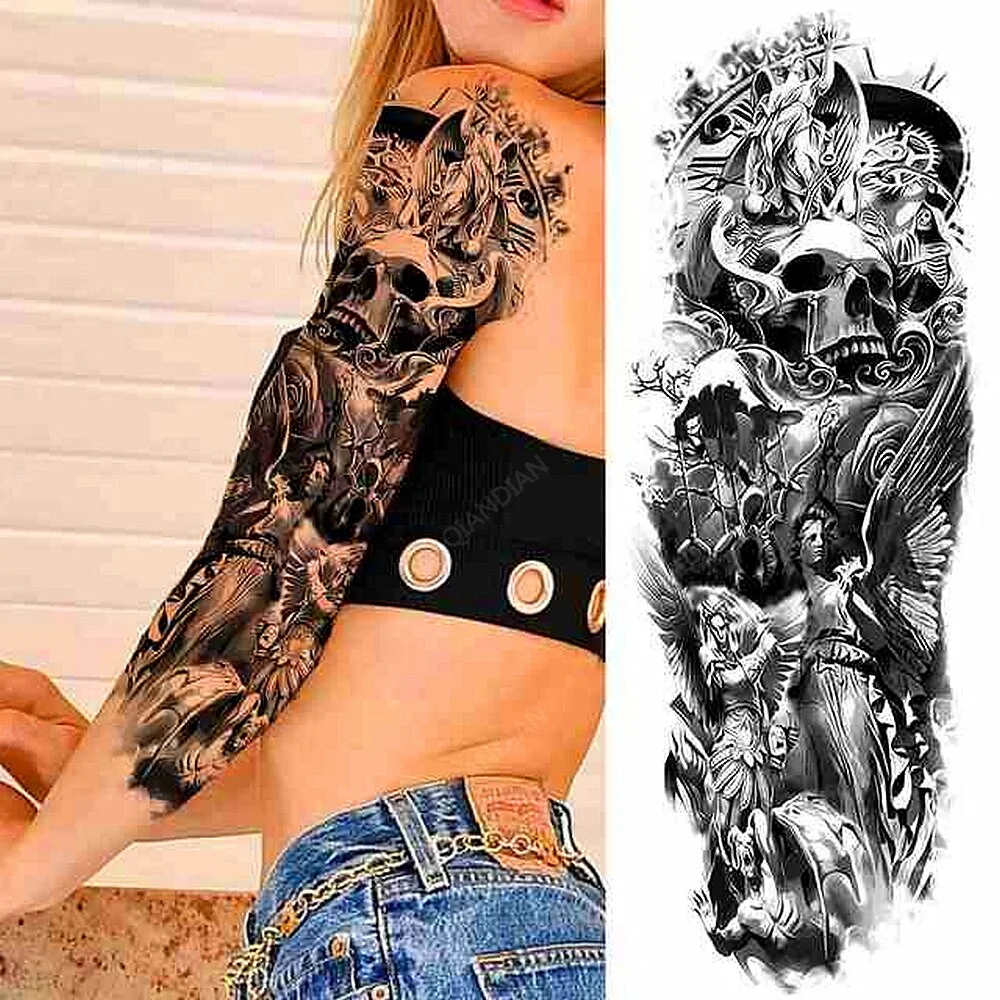 Large Arm Sleeve Tattoo Rose Lion Wolf Waterproof Temporary Tatto Sticker Flower Clock Waist Leg Body Art Full Fake Tatoo Women