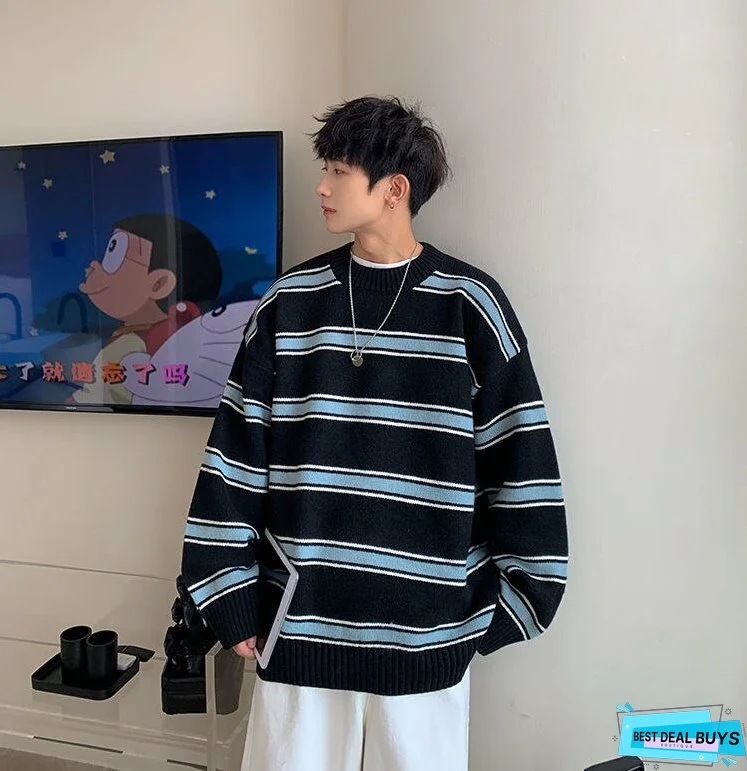 Striped Sweater Men Round Neck Winter Pullover Sweater Korean Fashion Harajuku Loose Wild Long Sleeve Sweater Oversize