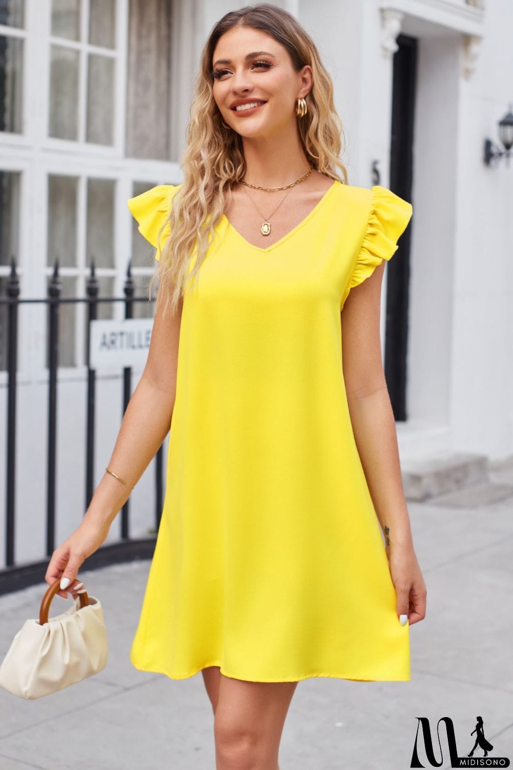 MidiSono - Ruffled V-Neck Flutter Sleeve Dress