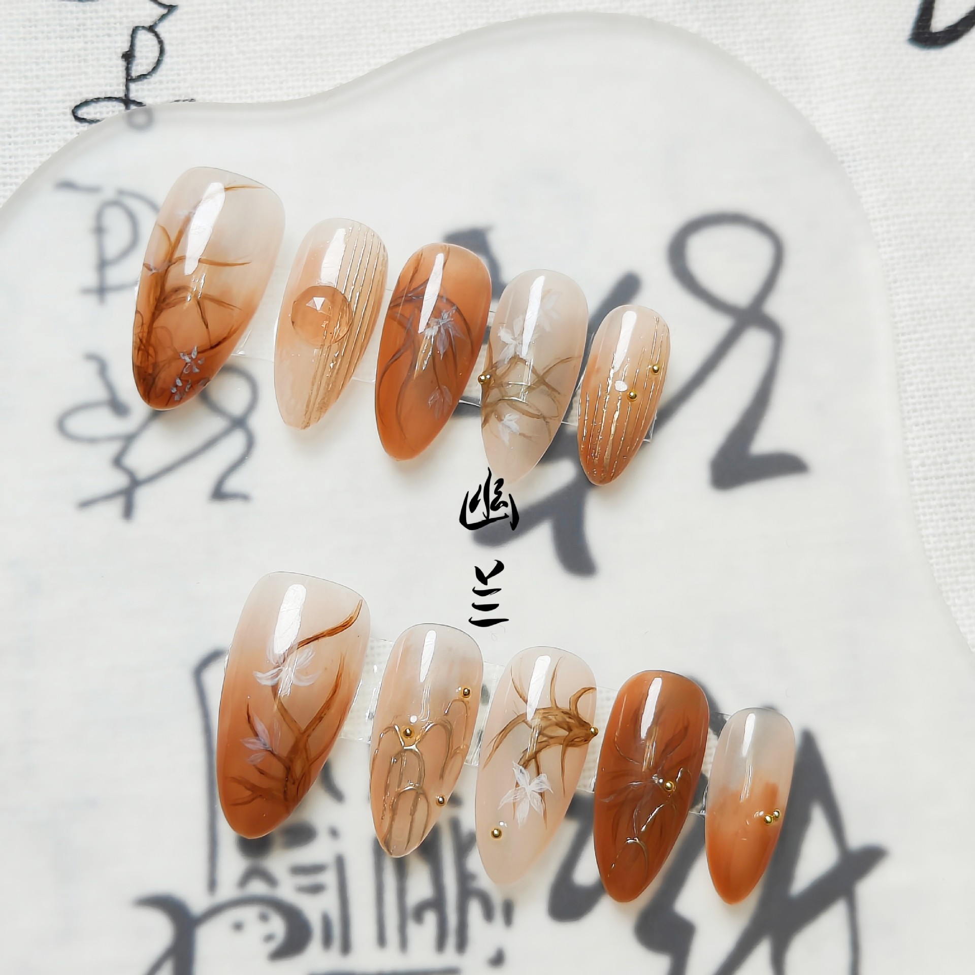 Chinese Style Hand-painted Orchid Merlot Press-On Nails