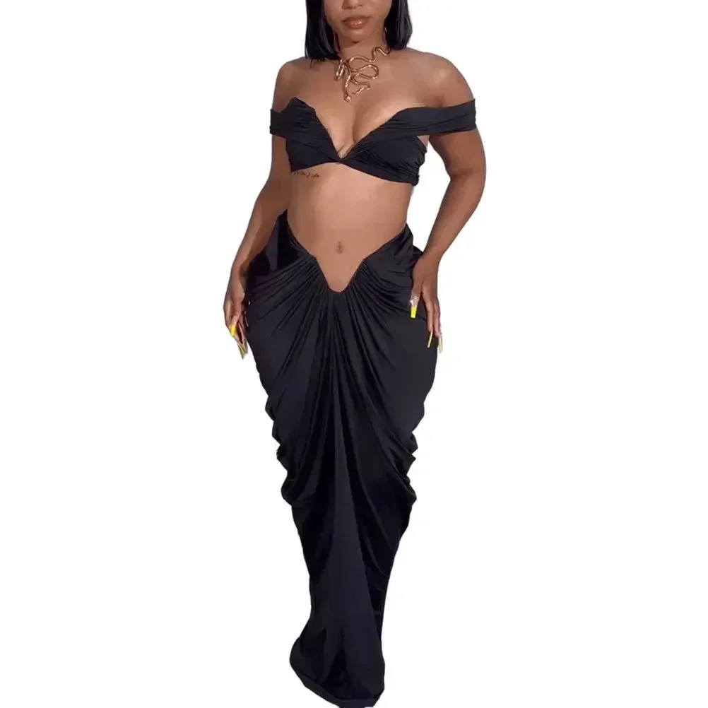 Huibahe Sexy 2 Piece Sets Women Outfit Party Off Shoulder Crop Top V-shaped Waist Maxi Skirt Elegant Women's Evening Dress