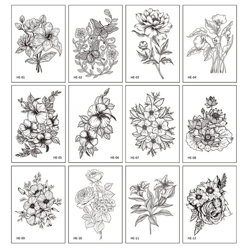 12Pcs/Lot Sketch Flower Temporary Tatoo Sticker Black and White Waterproof Flower Arm Tattoo Sticker Fake Tattoo for Woman Art