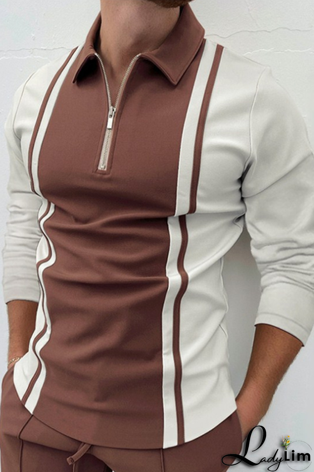 White Fashion Casual Striped Contrast Zipper POLO collar Tops