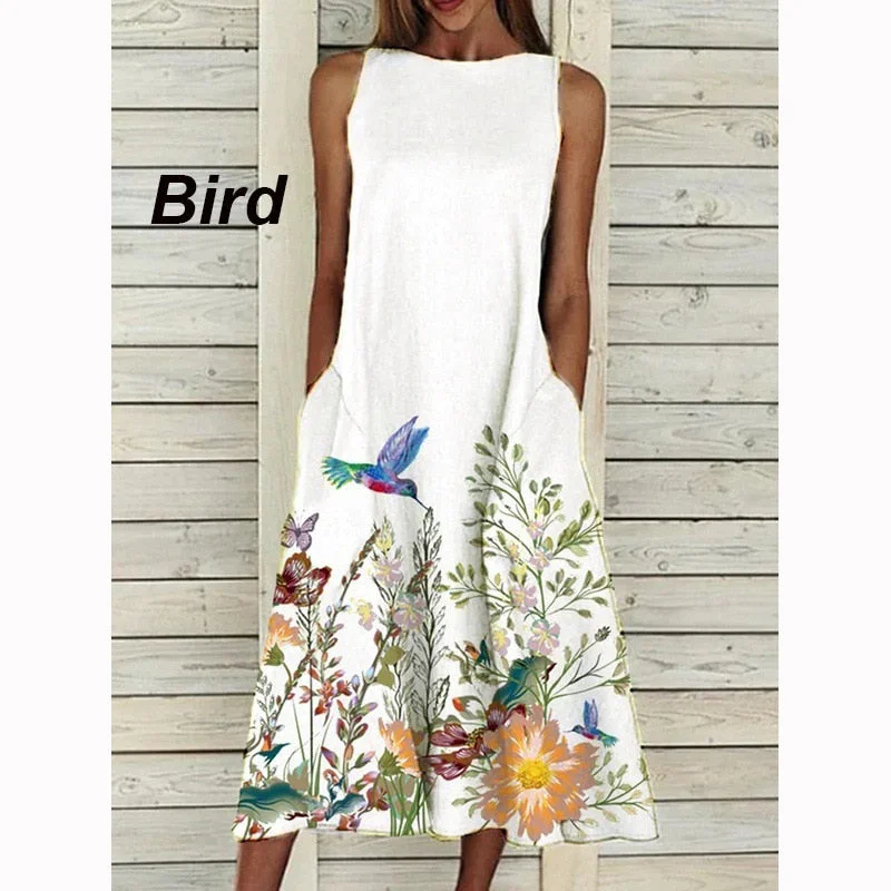 Dress 2022 O Neck Flower Print Summer Dresses For Women Fashion Pocket Sleeveless Dress Female Casual Loose Party Dress