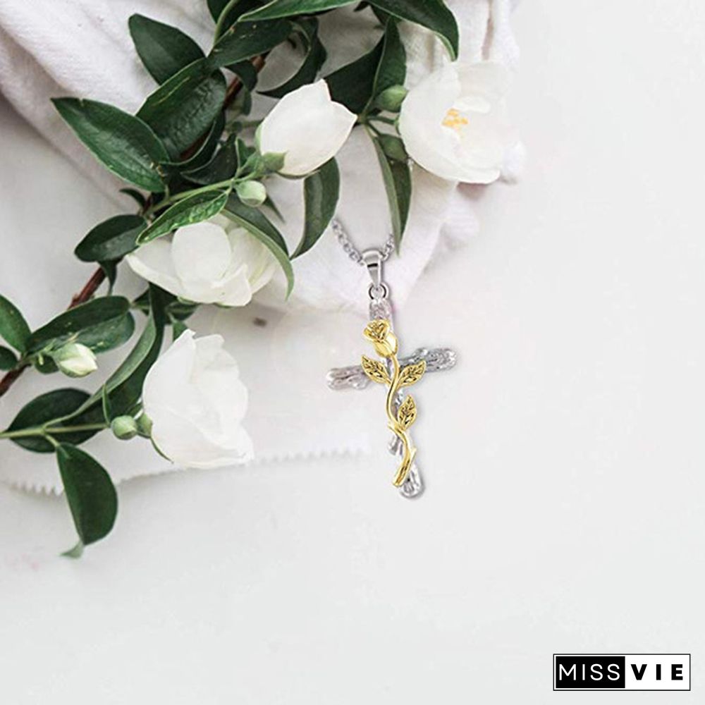 Colors Natural Flower Plant Cross Pendant Chain Necklace Jewelry Gift for Women