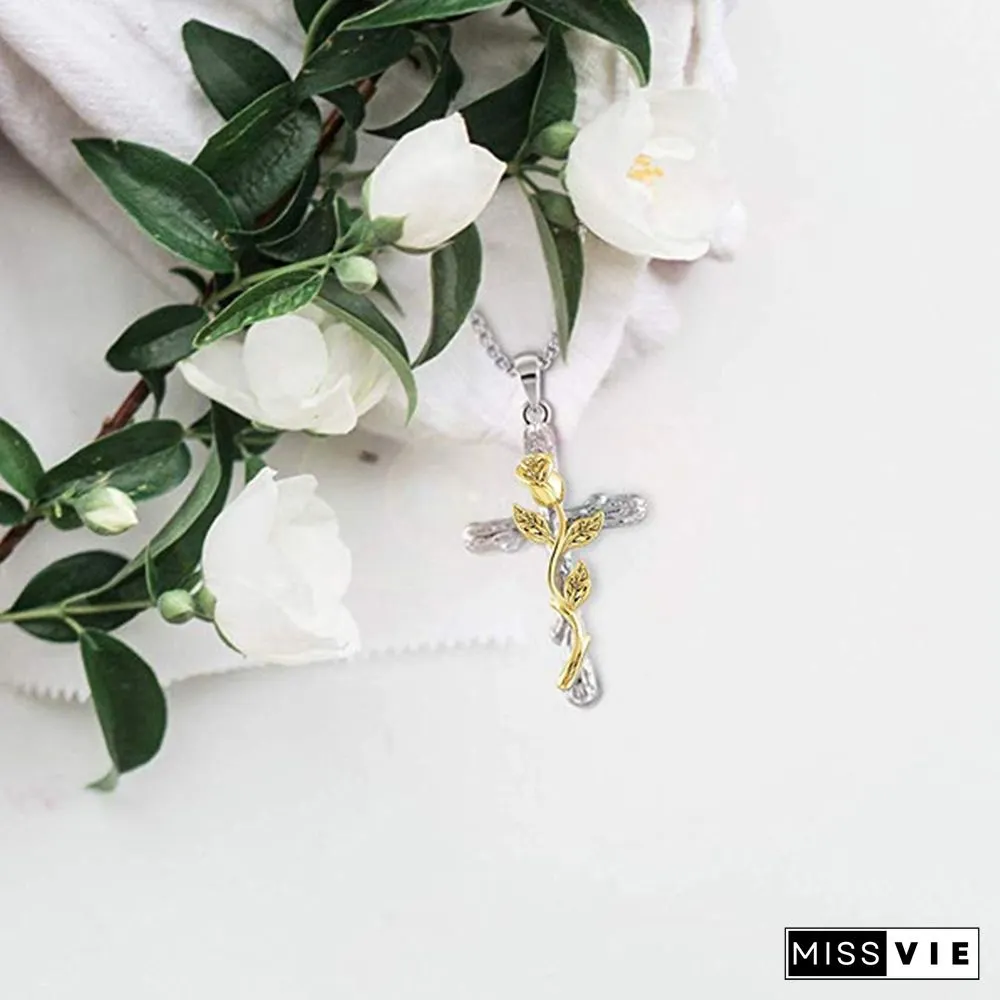 Colors Natural Flower Plant Cross Pendant Chain Necklace Jewelry Gift for Women