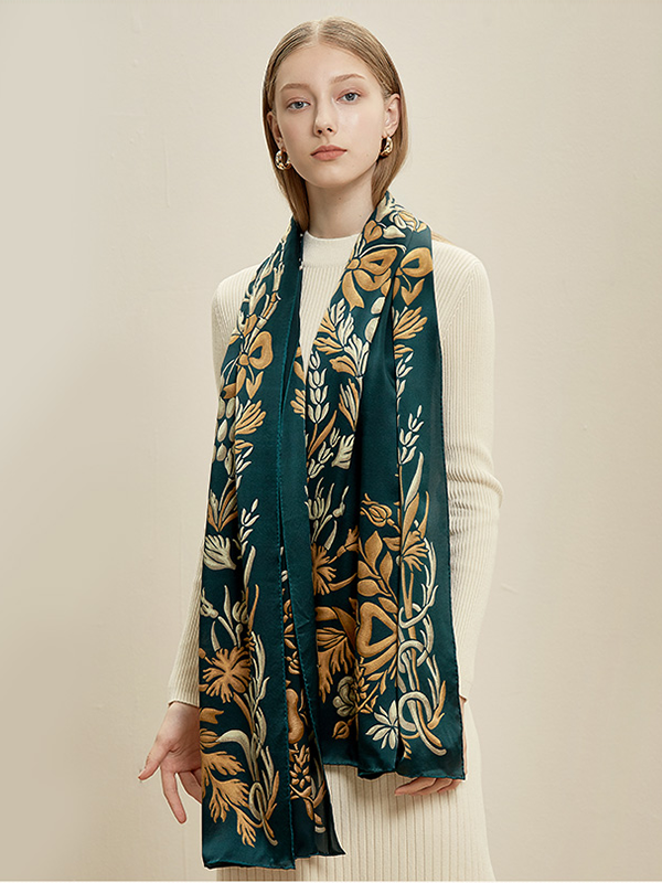 Foulard en soie verte floral nouveau style-Soieplus
