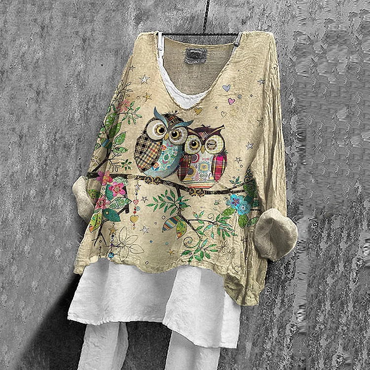 Simpfit Damen Vintage Eulen- und Blumenmuster Freizeithemd