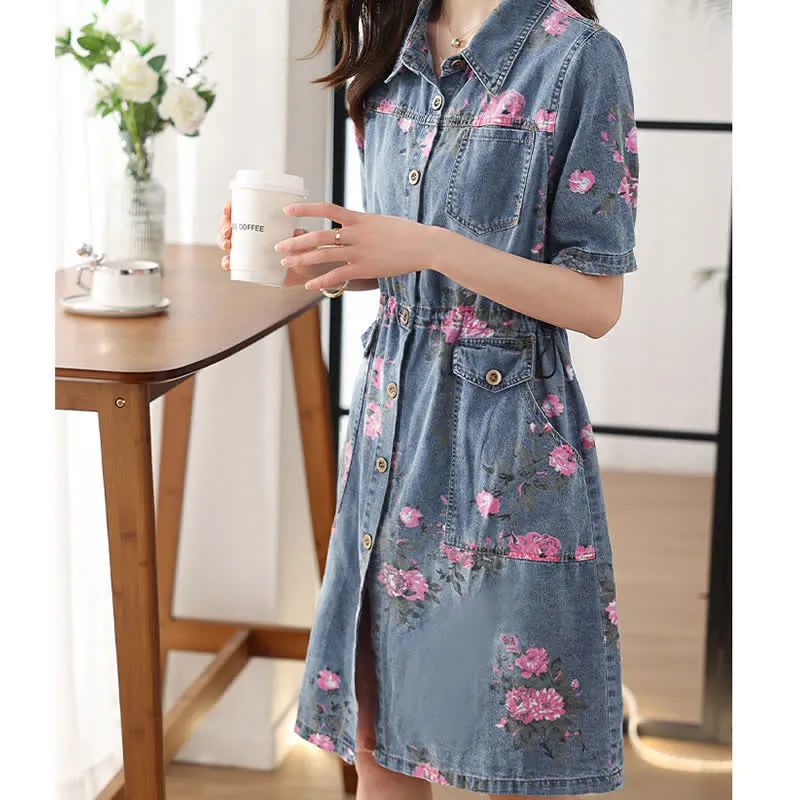 Floral Print Drawstring Lapel Denim Dress