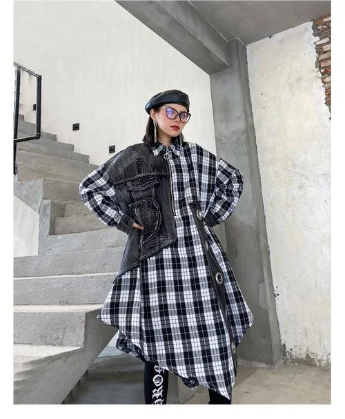 Women Autumn Patchwork Plaid Denim Blouse Tops Shirt Female Vintage Spliced Plaid Shirt Ladies Retro Blouses 2020