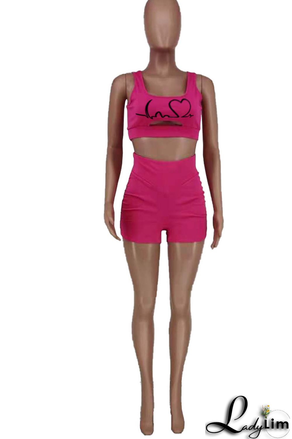 Rose Red Casual Print Split Joint U Neck Sleeveless Two Pieces