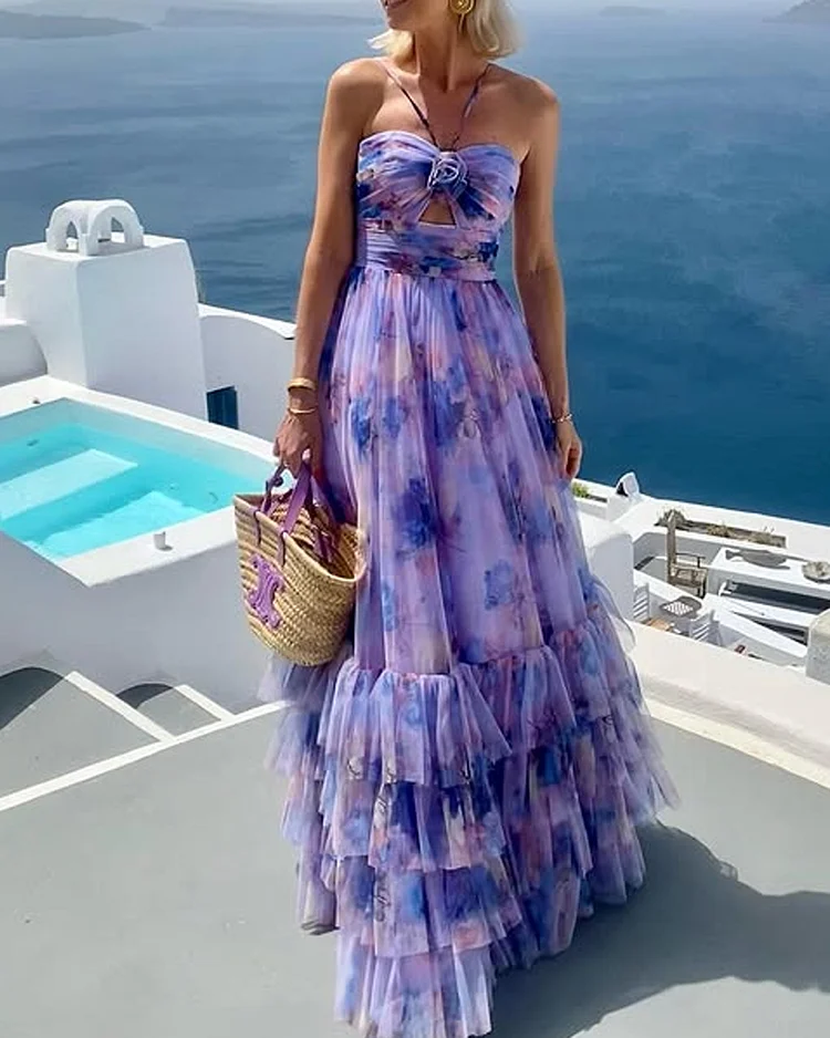 Sleeveless printed multi-layered dress