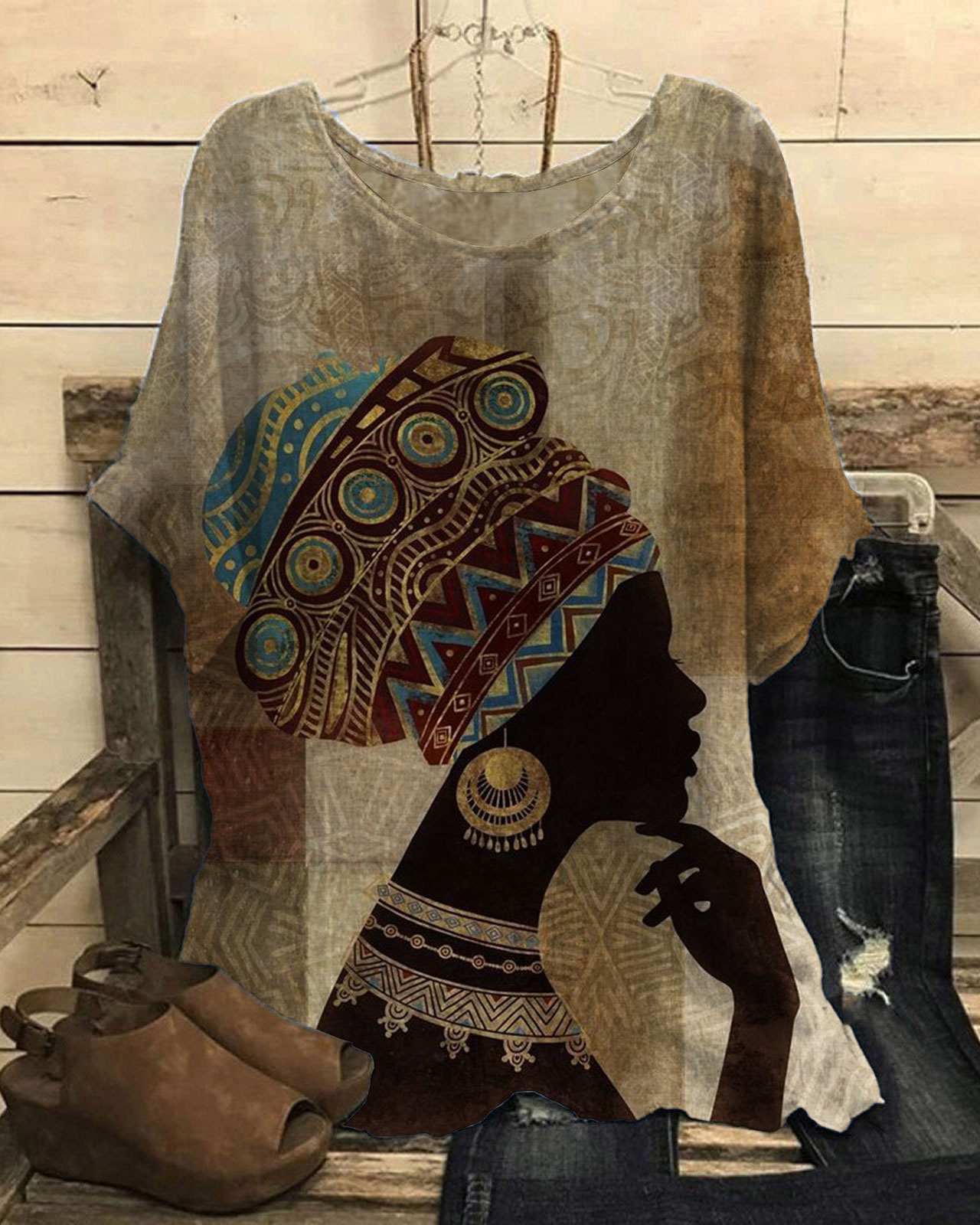 Vintage African Girl Ethnic Print Short Sleeve Casual Linen Blend Tunic