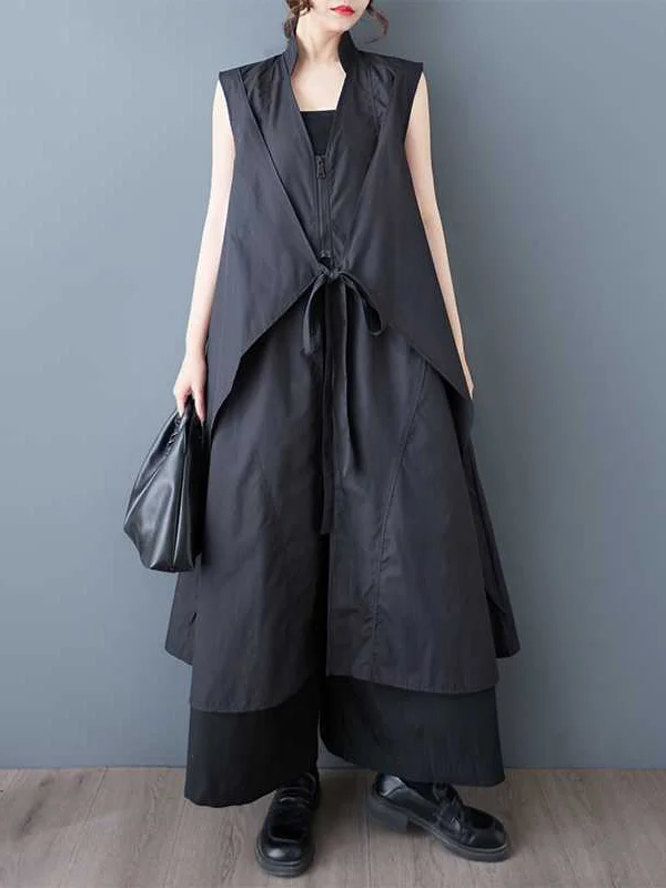Zipper Tied Solid Color Pockets Sleeveless Loose V-Neck Shirt Dress Midi Dresses