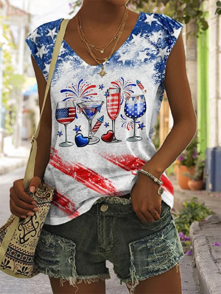 4th Of July Wine Glasses American Flag Bleached Tank Top