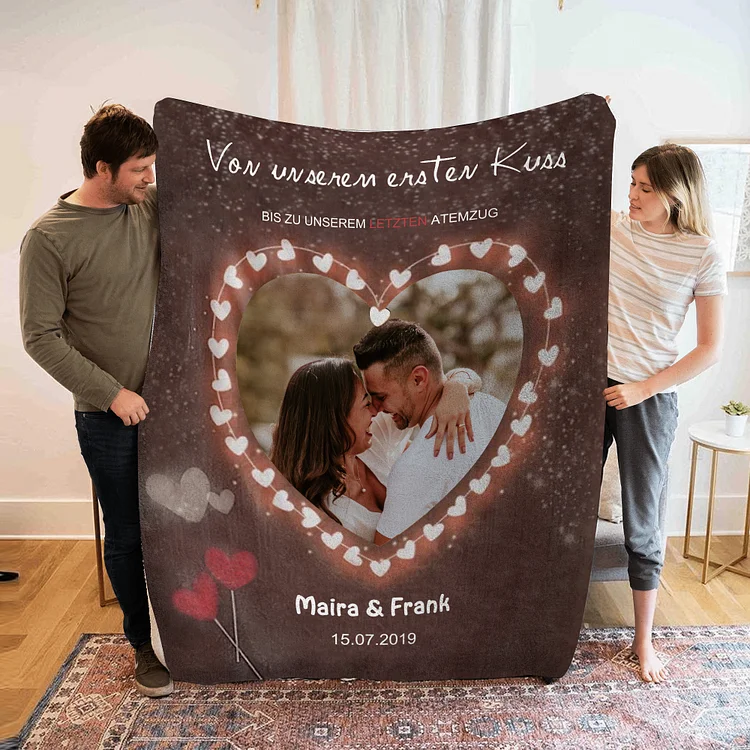 Kettenmachen Personalisiertes Foto & 2 Texte-Von unseren ersten Kuss bis zu unserm letzten Atemzug- Decke Für Paare