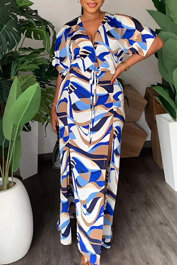 Abstract Print Modern Lace-Up High Split Maxi Dress