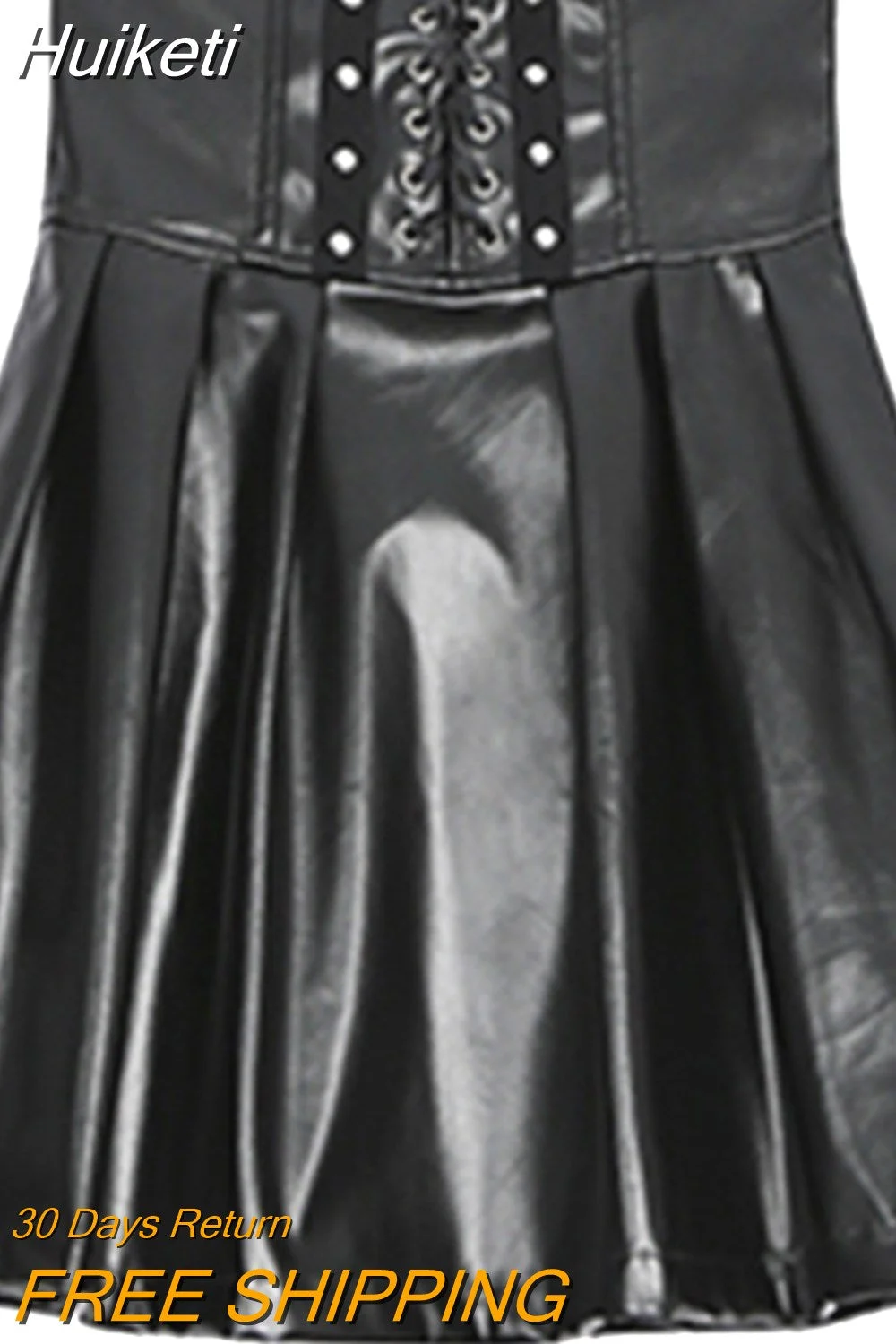 Huiketi Black leather lace up skirt women 2023 High waisted goth mini skirts Dark Academia Aesthetic Vintage Clothes 5xl 6xl 7xl