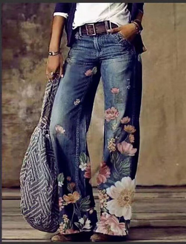 Women's Fashion Casual / Sporty Trousers Print Full Length Pants Casual Daily Micro-elastic Flower / Floral Faux Denim High Waist Loose Blue Pink Yellow Dark Green Sky Blue S M L XL XXL