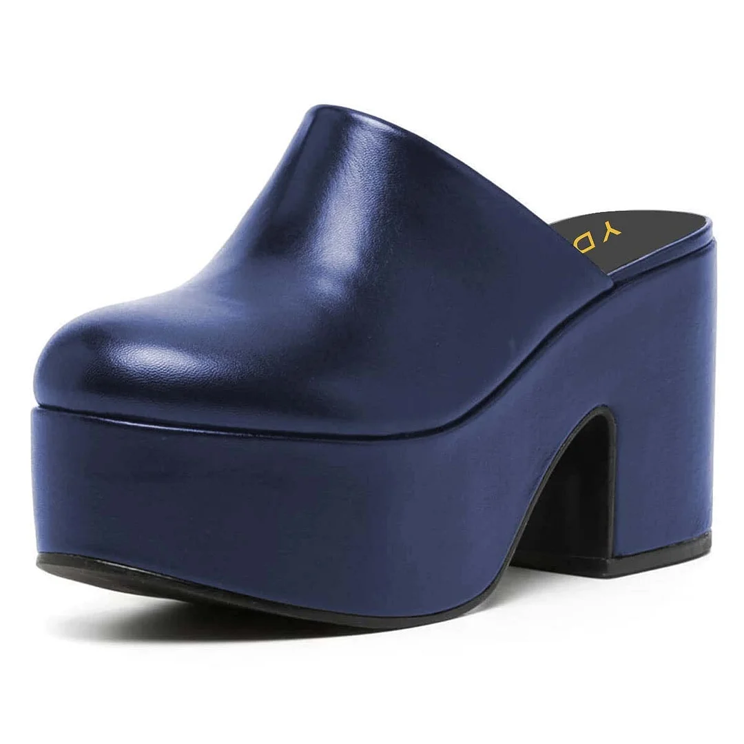 Vegan Leather Block Heel Platform Women's Mules Shoes in Navy