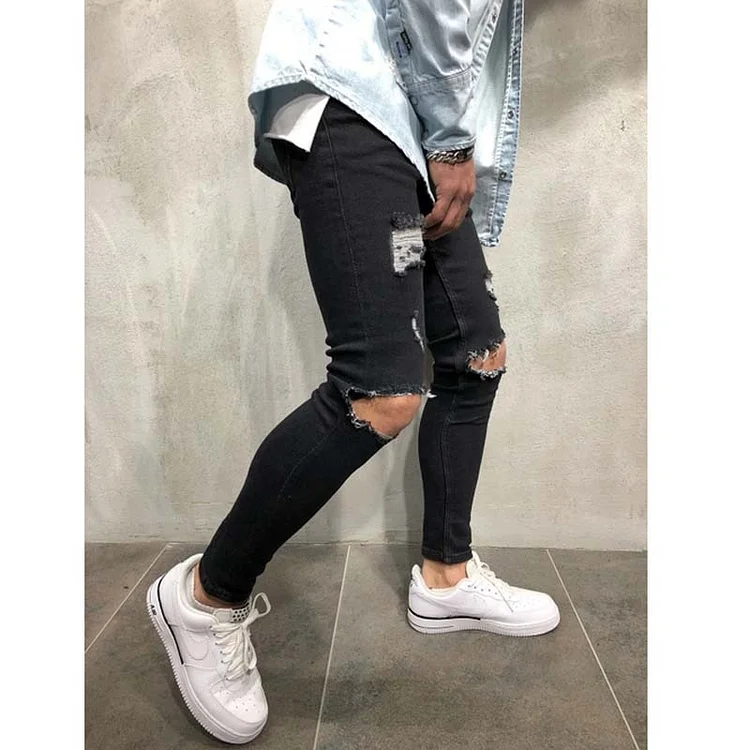 Men Jeans Streetwear Knee Ripped Skinny Hip Hop Destroyed Hole Stretch Casual Denim Trousers at Hiphopee