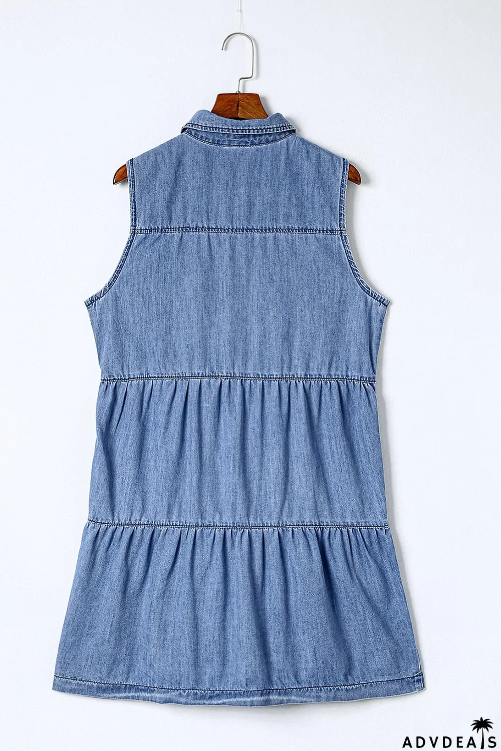 Sky Blue Flap Pockets Button up Sleeveless Denim Dress
