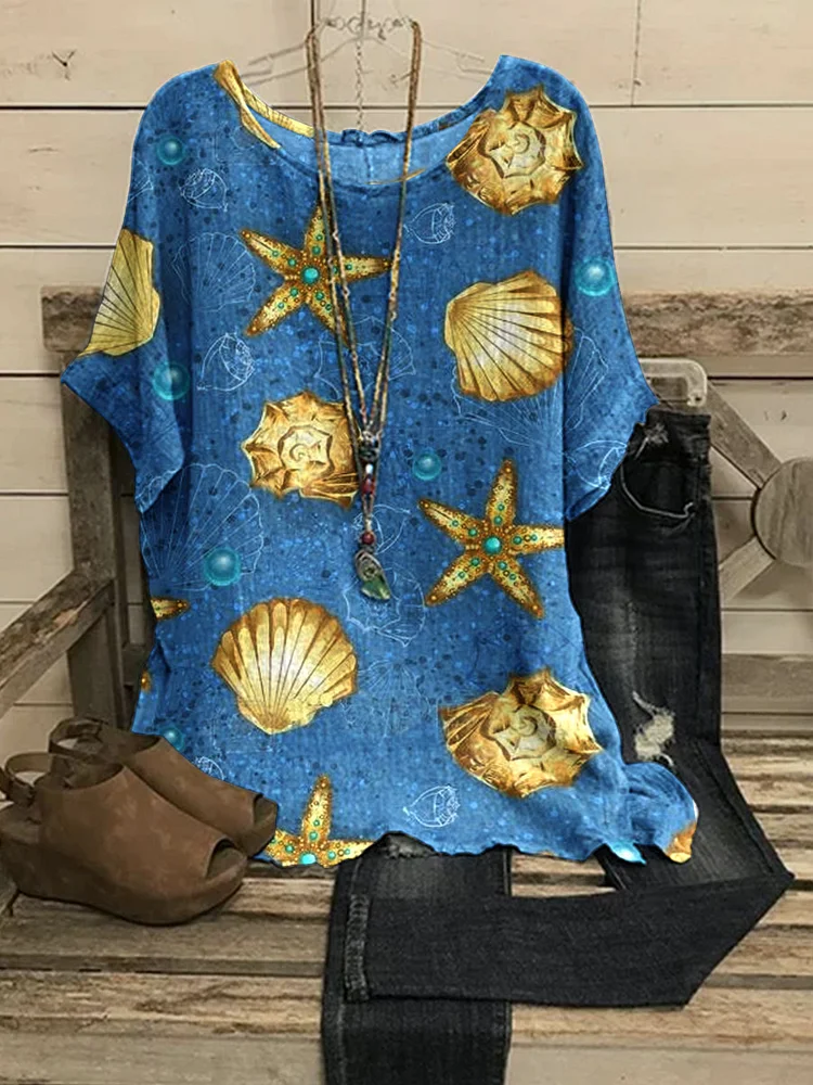 Women's Ocean Art Shell Pattern Cotton And Linen Short Sleeve Top