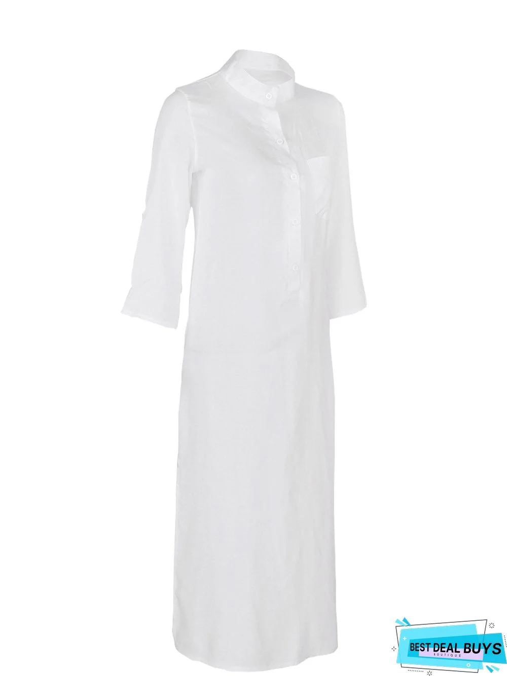 Long Sleeve Plunging Neck Buttoned Dress White Dresses Linen