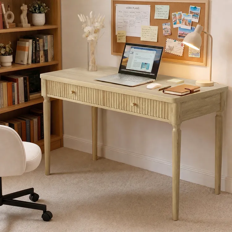 Bestier Writing Desk with Drawers,47" Wooden Desk,Solid Wood Leg Office Desk,Computer Desk with Storage for Bedroom Study Room,Small Home Office Desk, Modern Fluted Design Two Drawer Desk,Natural Oak