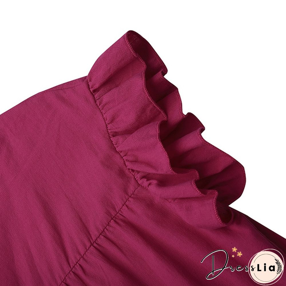 Summer Women Short Sleeves Long Dress Ruffled Pleated Party Casual Baggy Cotton Linen Midi Dresses Plus Size