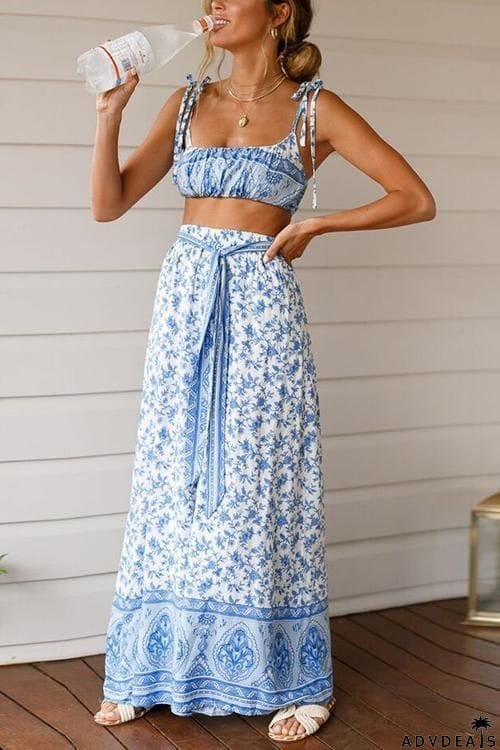 Off Shoulder Floral Print Knot Pants Set