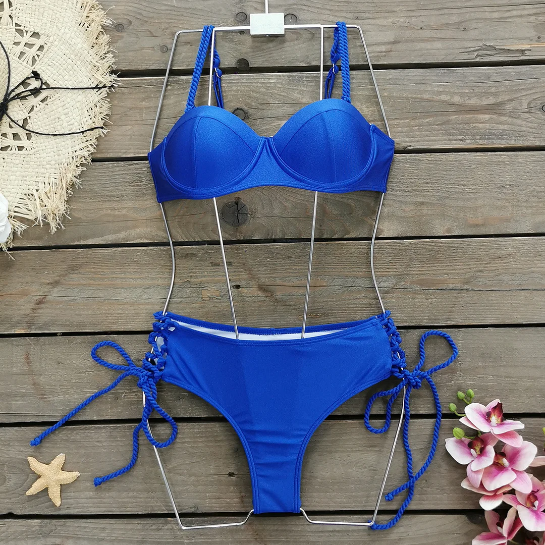 Uveng Multi-Color Solid Color Choreette Sling Sling Chest Hard Bag Bikini 2025 New High-Waisted Split Swimsuit Woman