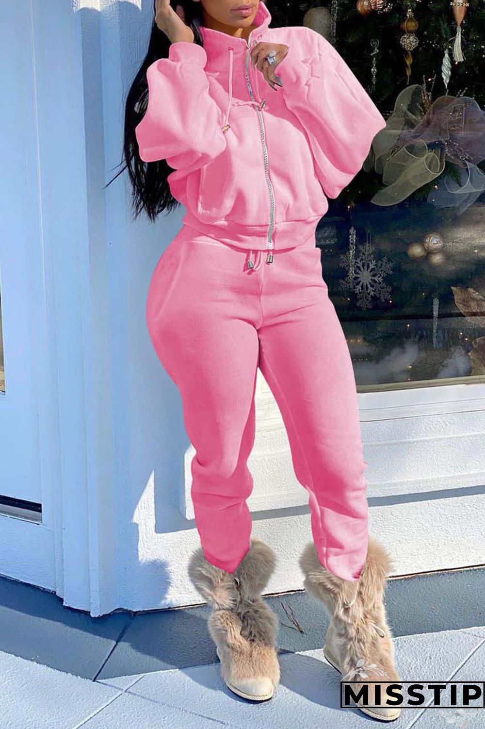 Brown Casual Solid Patchwork Zipper Zipper Collar Long Sleeve Two Pieces