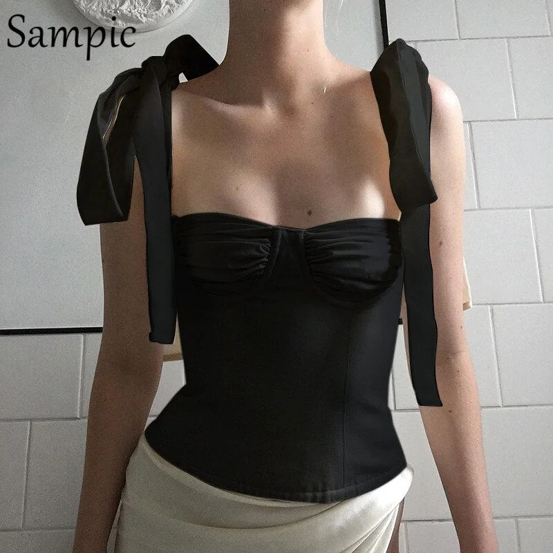 Sampic Sexy Women Casual Bandage Mini Vest Crop Tops Strap White Black Summer 2021 Chiffon Ladies Blackless Bustier Tank Tops