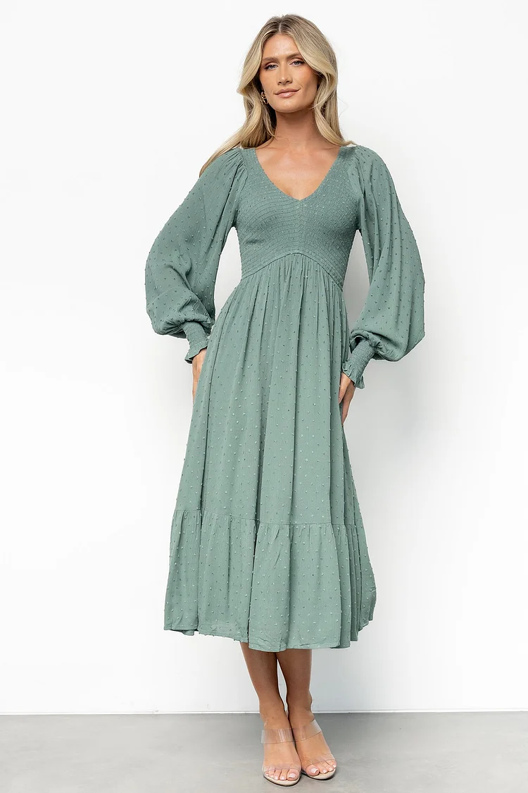 Smocked Dotted Floral Midi Dress - Dark Sage