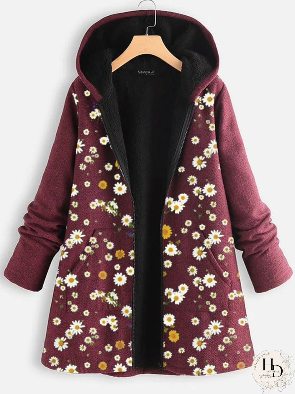 Women Casual Printed Autumn Faux fur Mid-weight Daily Casual Long sleeve Hooded Jacket