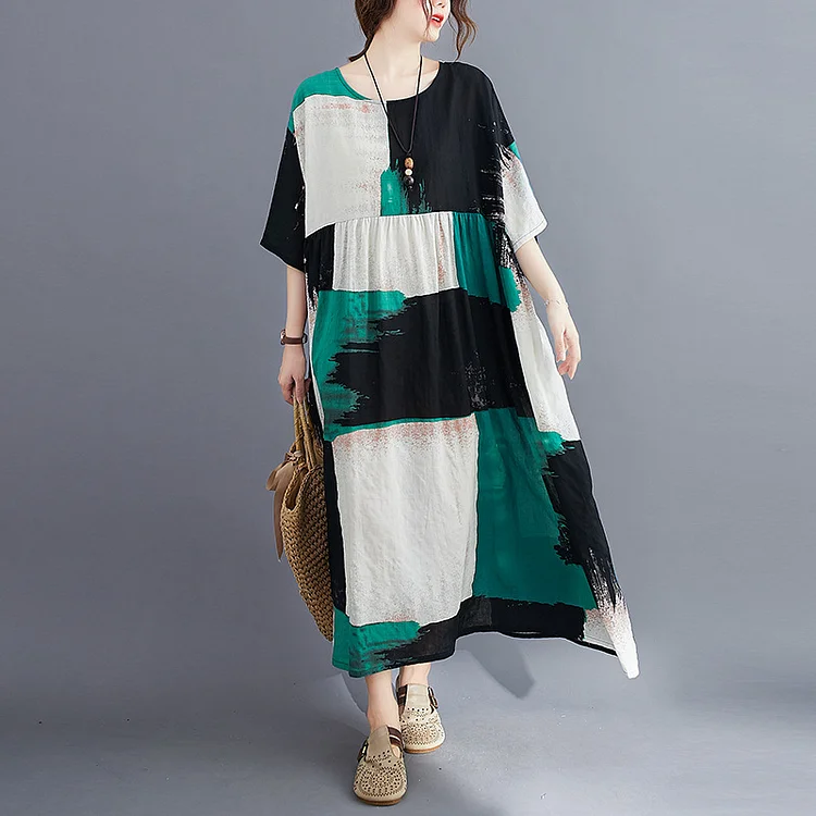 Loose Color Blocking Short Sleeve Round Neck Midi Dress - yankia