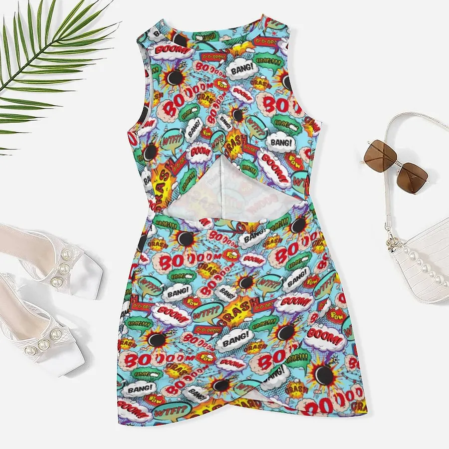 comic book bodycon dress Comic Book Colorful Superhero Pop Art Women's Sexy Cutout Twist Front Bodycon  Dress Sleeveless Slim Fit Wrap Hem Mini Tank Dress