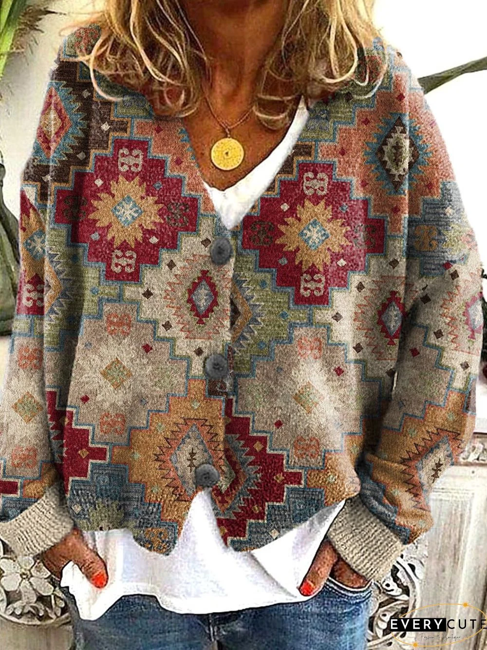 Western Ethnic Print Casual Knit Cardigan