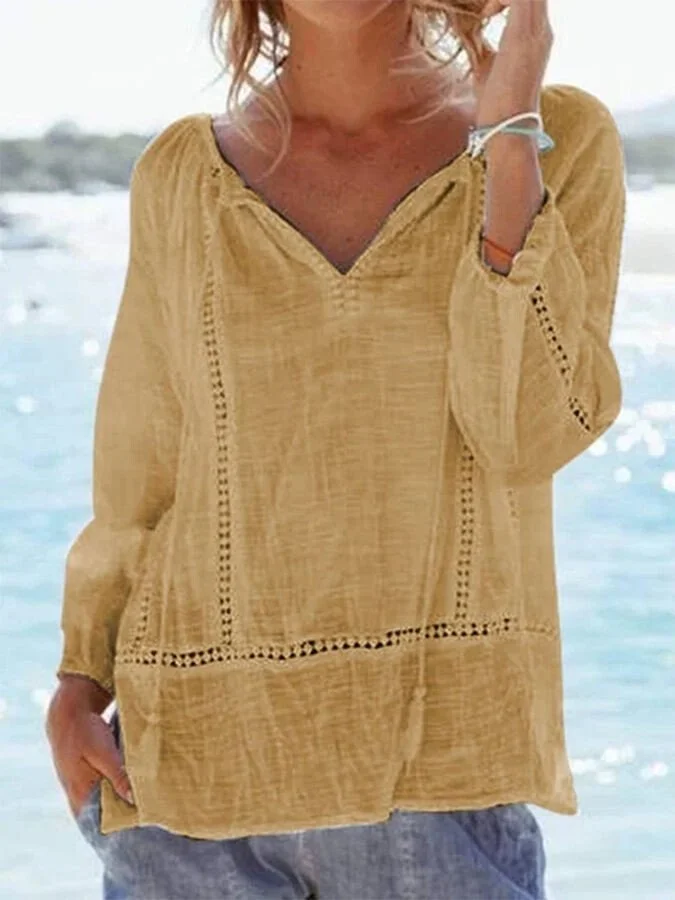 Women's Solid Color Cutout Design V-Neck Long Sleeve Top