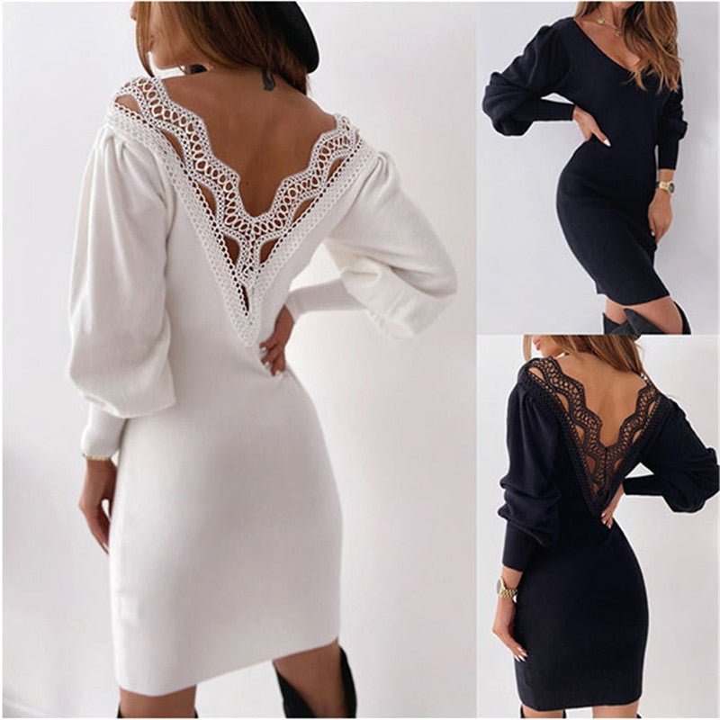 Guipure Lace Backless Fluffy Sweater Dress