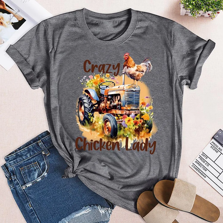 Farm Crazy Chicken Lady Round Neck T-shirt-0019129